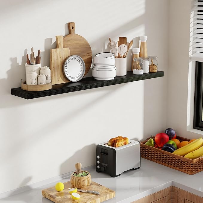 48 Inch Floating Shelves, 8 Inch Deep Floating Shelves for Wall, Hanging Shelf with Invisible Brackets, Deep Shelves for Bathroom, Bedroom, Living Room, Black, Set of 1