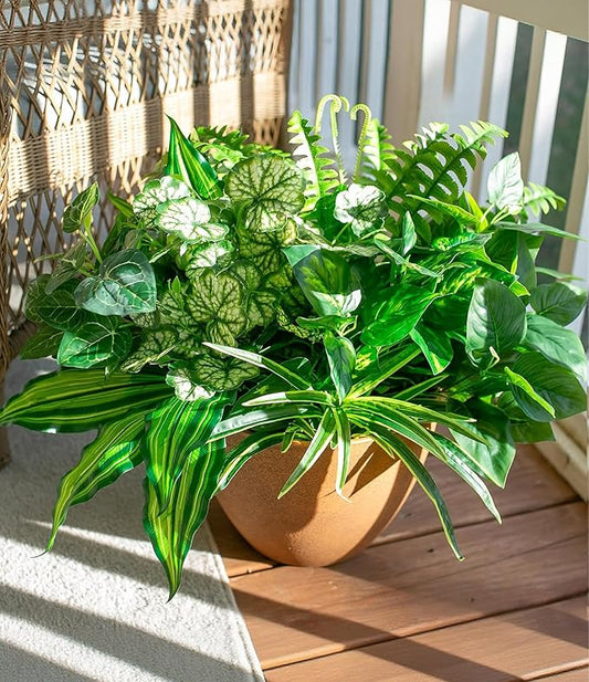 Artificial Greenery Plants Fake Plastic Leaves with Stems UV Resistant Large Bunches Outside Faux Plants Bushes for Outdoor Patio Garden Front Porch Yard Decor (Green)