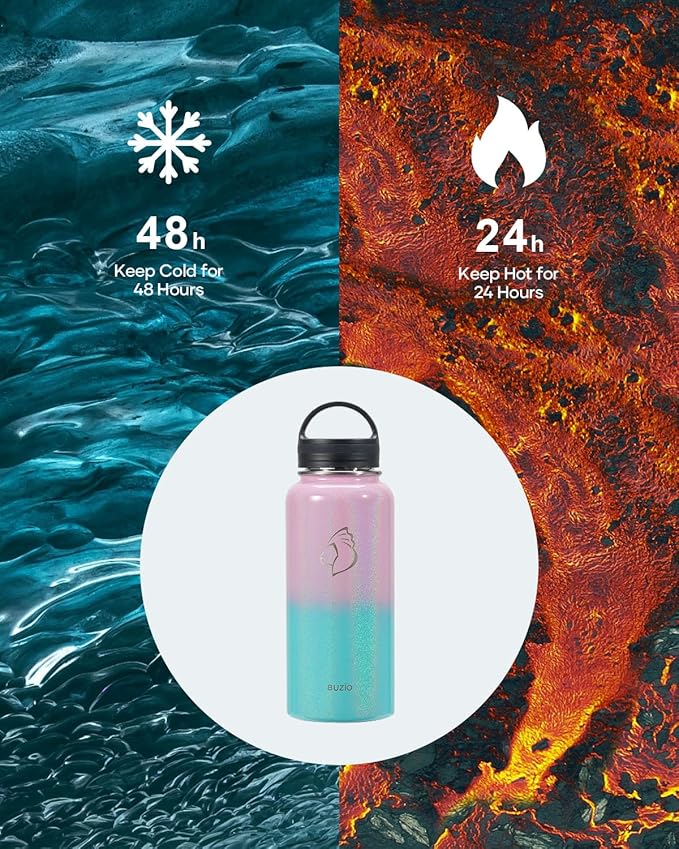 BUZIO Water Bottle with Straw lid, Spout Lid, Hand Lid and Carrying Pouch, 32oz 40oz 64oz Stainless Steel Water Flask Jug, Cold for 48 Hrs Hot for 24 Hrs Double Vacuum Thermo Canteen Mug, BPA-Free