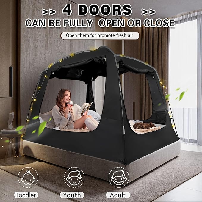 Bed Tent Bed Canopy Portable Full Size Dream Tents 4 Doors 4 Mesh 80% Blackout - Indoor Breathable Sleeping Tents Privacy Space Tents for Adult with String Light