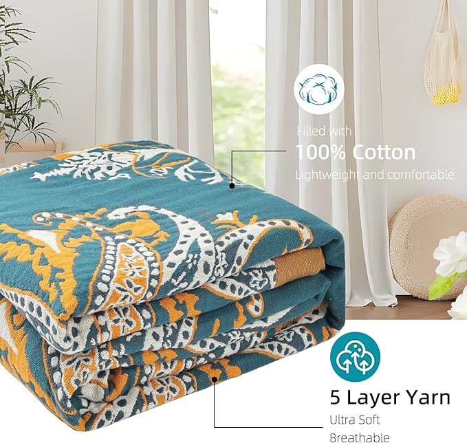 Boho Throw Blanket for Bed - 100% Pure Cotton Ultra Soft Rustic Quilt - Farmhouse Decor Bed Blankets, All Season Rustic Throw for Sofa Couch Chair(91''x 98'', Boho Floral)