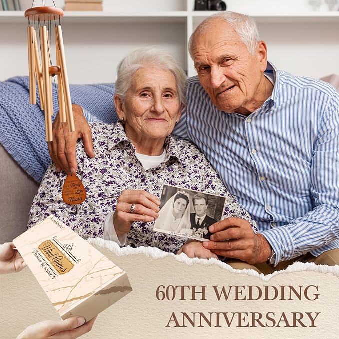 60th Wedding Anniversary Wind Chime, Happy 60th Anniversary Romantic Gifts for Couple, Parents, Wife, Husband, Friends, Diamond Anniversary's Keepsake Gifts Ideas-Large 36''