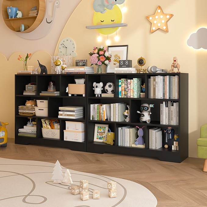 Book Shelf Set of 2, 8 Cubes Storage Organizer, Freestanding Balck Bookshelf Cube Shelf for Bedroom, Living Room, Home Office, 3-Tier Open Bookshelf Wooden Bookcase