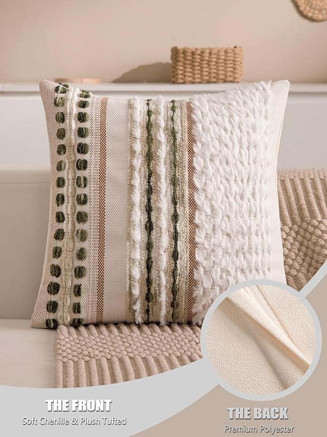 Boho Chenille Tufted Couch Throw Pillow Covers 18x18 Inch Set of 2 Farmhouse Striped Decorative Pillow Covers Accent Neutral Square Pillowcase Green Cushion Covers for Livingroom Sofa Bed