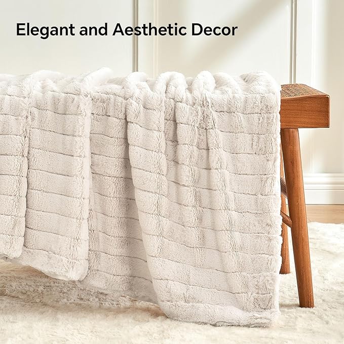BEDELITE Faux Fur Throw Blanket for Couch, Soft and Cozy 3D Ribbed Fluffy Blanket, Thick Warm Plush Fuzzy Faux Rabbit Fur Blanket for Women Gift (Beige, 60"x 80")