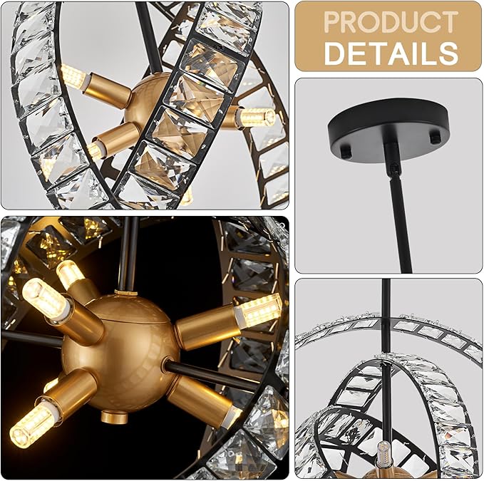 18" Crystal Globe Sputnik Chandelier, 6-Light Black Gold Modern Adjustable Hanging Ceiling Pendant Light Fixture for Entryway Foyer Stairway Bedroom Dining Living Room Hallway