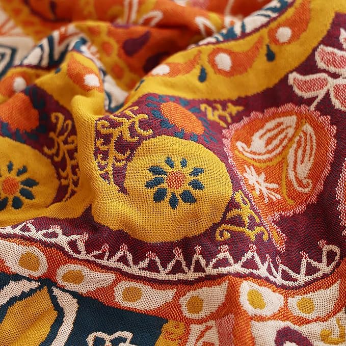 Boho Muslin Blanket for Adults 4-Layer Gauze 80 x 90 Inches Soft Cozy 100% Cotton Summer Cooling Blanket Geometric Floral Decor for Sofa Bed Coverlet Both Sides (A Boho Figure Orange, 80 x 90 in)