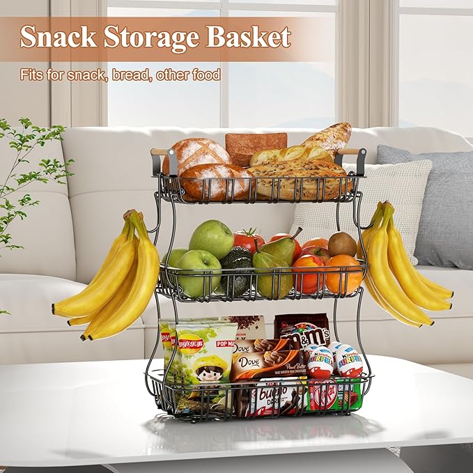 3 Tier Fruit Basket for Kitchen Counter, Fruit Bowl with 2 Banana Hooks Mesh Top, Multifunctional Detachable Sturdy Kitchen Storage Organizer for Vegetables Snacks Onion Potato, Black