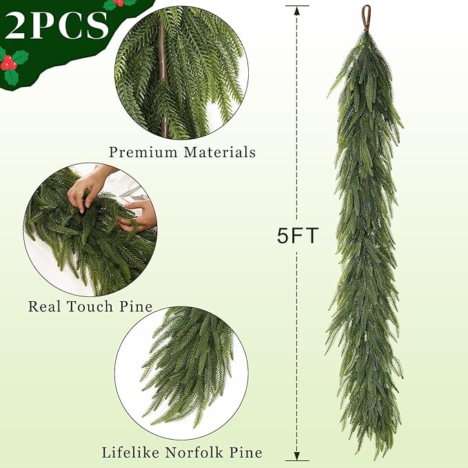 5FT Christmas Norfolk Pine Garland -2PCS, Artificial Pine Needles Garlands Faux Greenery Fake Garland for Holiday Fireplace,Table,Window,Stairs,Mante,Indoor Outdoor Decor