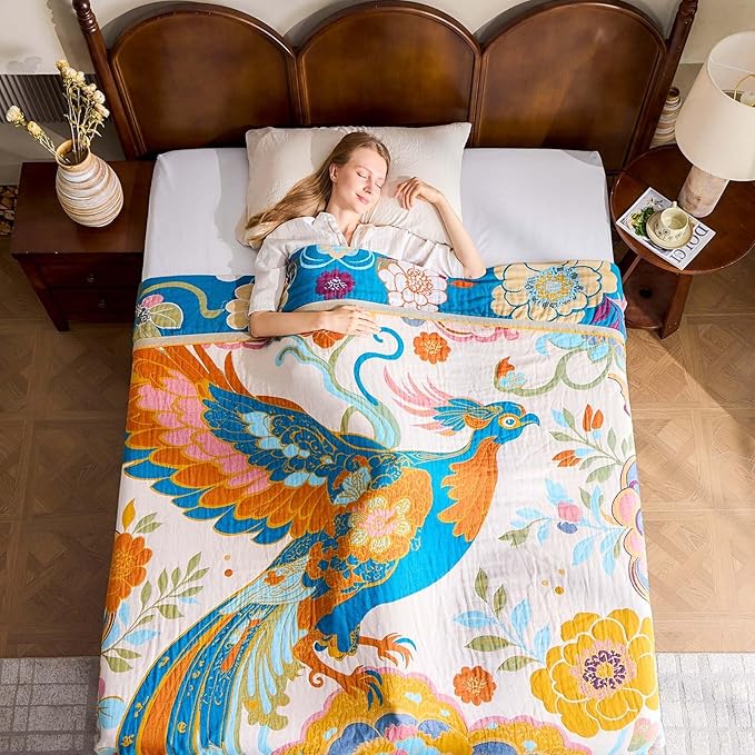 Boho Throw Blanket, Lightweight Blankets for Summer, 100% Cotton Bohemian Decorative Throw Blanket, 80"x90" Reversible Muslin Breathable Woven Farmhouse Blankets Quilt,