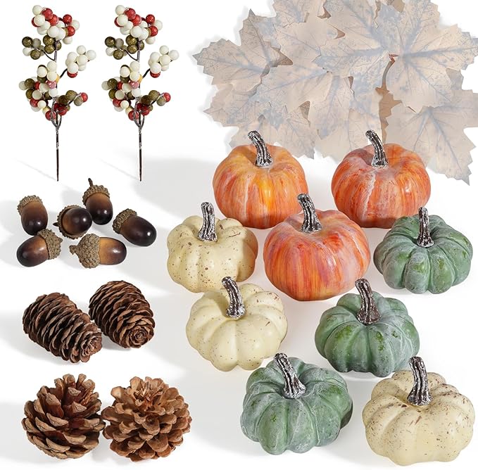 Artmag 25 PCS Pumpkin Decor Set, Artificial Pumpkins Fall Decor for Halloween Thanksgiving Decorations with Acorns, Pinecones, Berries, Maple Leaves for Home Table