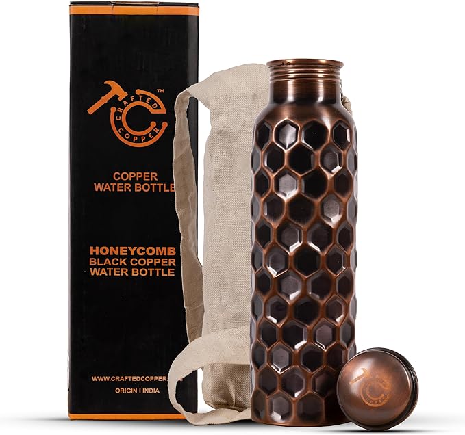 34 Oz Extra Large Honeycomb 100% Pure Copper Water Bottle For Drinking | Leak Proof Design And Carrying Pouch | Drink More With Healthy Benefits Immediately