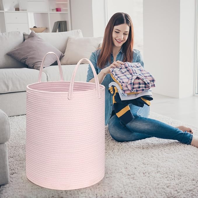 Baby Laundry Basket Hamper,Woven Cotton Rope Pink Laundry Basket Nursery Hamper Bin Storage Basket for Girls Kids Living Room Bedroom Cute Boho Tall Woven Rope baskets for Clothes Blanket Toys Large