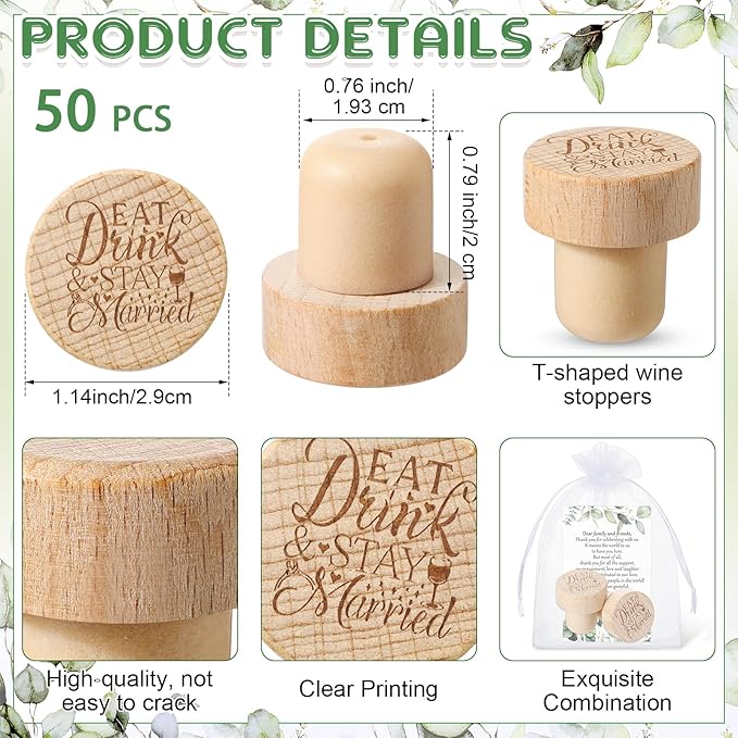 Barydat 50 Sets Wedding Favors for Guests Bulk Engraved Wood Wine Bottle Corks Wine Stopper with Wedding Thank You Cards and Organza Bags Wedding Appreciation Gifts for Guest Thank You Gifts (Bright)