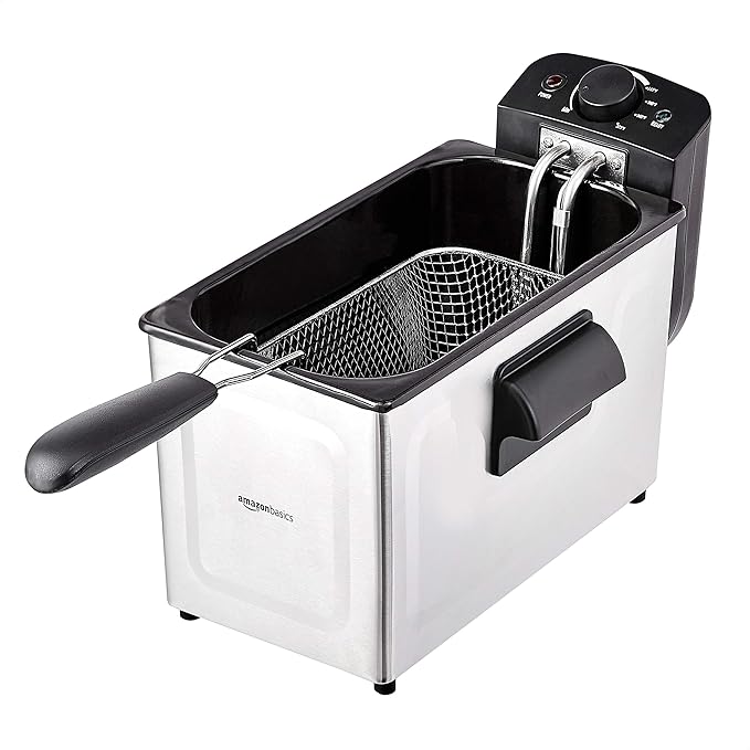 Amazon Basics 3.2-Qt (3.0L) Deep Fryer with 12-Cup Oil Capacity, Adjustable Temperature, Easy Draining Basket, Stainless Steel Exterior, Viewing Window, 1500W, Black & Silver