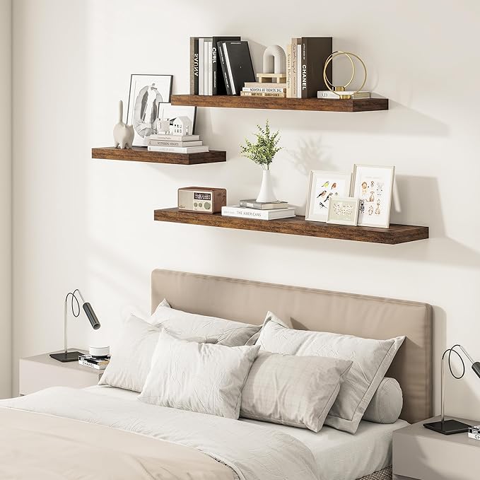 12" Deep Floating Shelves for Wall 55 Inches Long, Heavy Duty Wall Shelves for Bedroom Bathroom Kitchen Laundry Room, Farmhouse Rustic Shelves for Home Decor, 55" X 12" X 2" Set Of 2, Rustic Brown