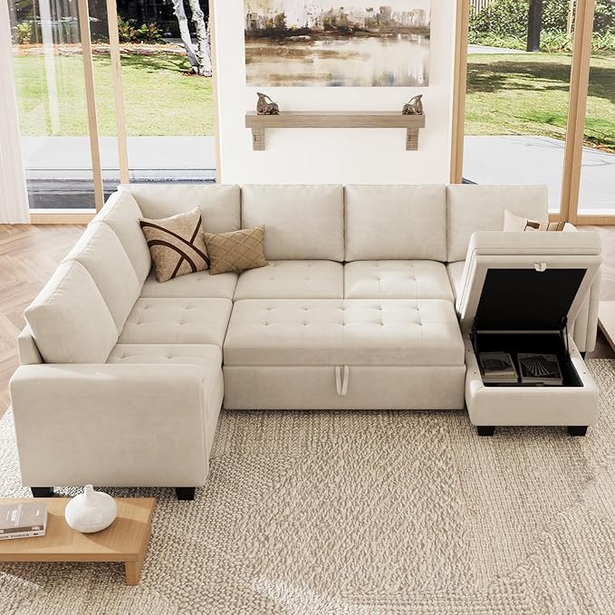 Belffin Modular Sectional Sleeper Sofa with Pull Out Bed U Shaped Sectional Sofa Couch with Storage Ottoman Velvet Covertible 7-Seater Sofa for Living Room Beige