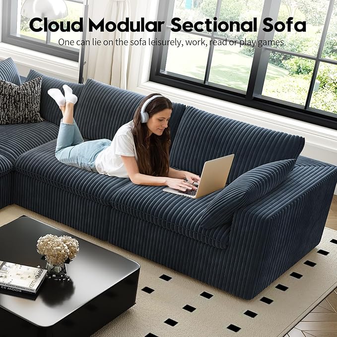 118" Cloud Couch Modular Sectional Sofa for Living Room,Modern Sofa with Deep Seat，L-Shape Boneless Couch with Ottoman,Comfy Upholstered Corduroy Couches for Apartment, Studio, Office,Bedroom，Blue