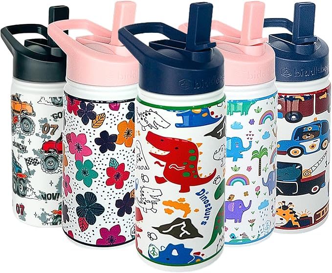 Biddlebee Kids Water Bottle with Straw Lid | 14oz Insulated Stainless Steel Reusable Bottles for School | Leak Proof Cap with Handle & Touch Free Spout | Great for Boys & Girls (Colorful Dinosaurs)