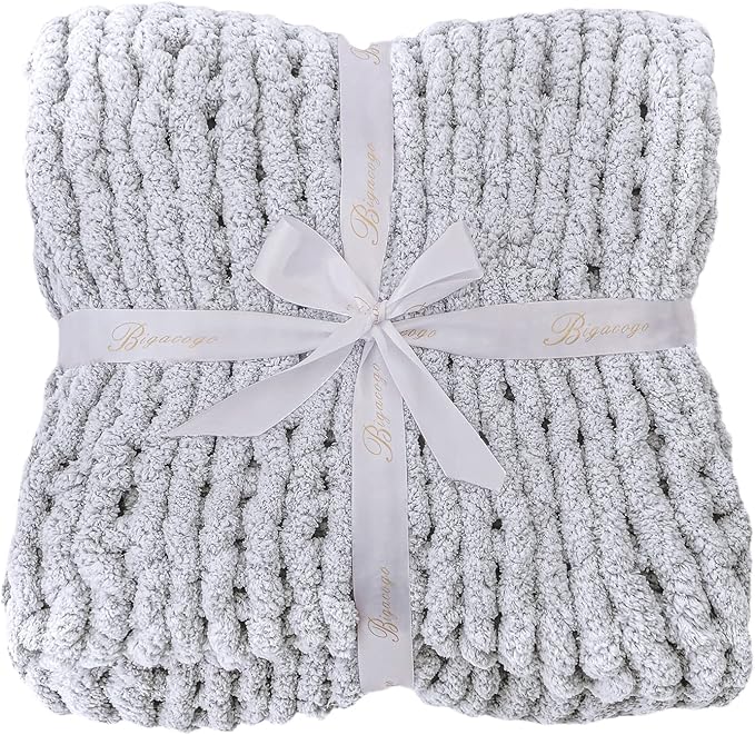 Bigacogo Chunky Knit Throw Blanket for Couch, 40x60 inches, 100% Hand Knitted with Thick Jumbo Chenille Yarn, Cozy Soft Large Rope Knot Cable Crochet Blankets for Sofa Bed Living Room, Light Grey