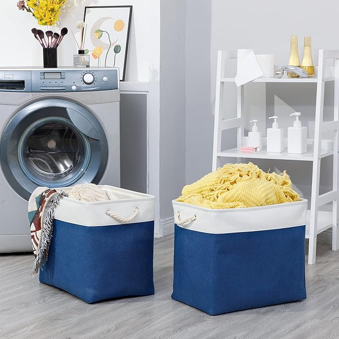 Bidtakay Large Canvas Organization Bins Set of 2 Navy Blue Rectangular Baskets 17x12x15 in for Blankets, Clothes, Towels, Dog Toys Storage