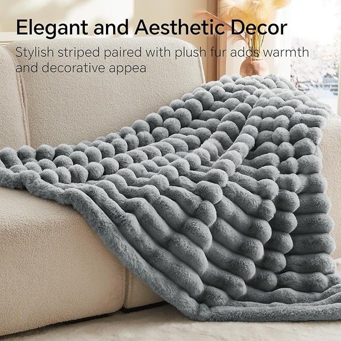 BEDELITE Faux Fur Throw Blanket for Couch, Soft and Cozy Luxurious 3D Striped Fluffy Blanket, 770GSM Thick Warm Plush Fuzzy Faux Rabbit Fur Blanket for Women Gift (Crey, 60"x 80")