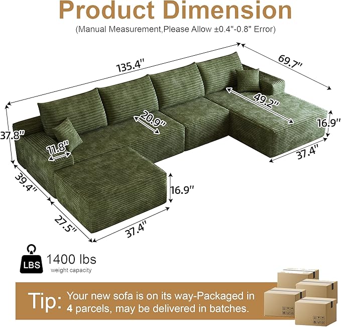 108" Sectional Couches for Living Room Modern Modular Sofa with L-Shape Couchs Upholstered Boneless Couch Deep Seat Sectional Couch with Chaise (Green, Right Facing Chaise+3Seaters+Ottoman)