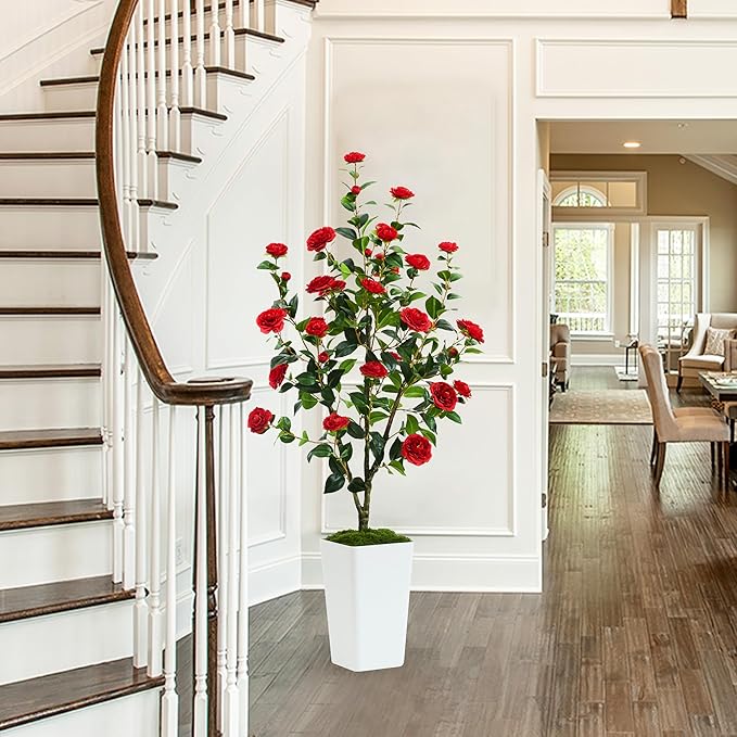 Artificial Camellia Tree 5FT Faux Trees Indoor Fake Floral Plant Blooming Tree with Red Flowers & White Tall Planter, Faux Camellia Plants for Porch Home Room Bedroom Office Front Door Outdoor Decor