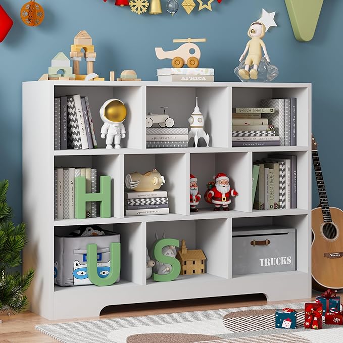 Book Shelf, 10 Cubes Storage Organizer, 3-Tier Open Shelf Wooden Bookcase, Freestanding White Bookshelf Cube Shelf for Bedroom, Living Room