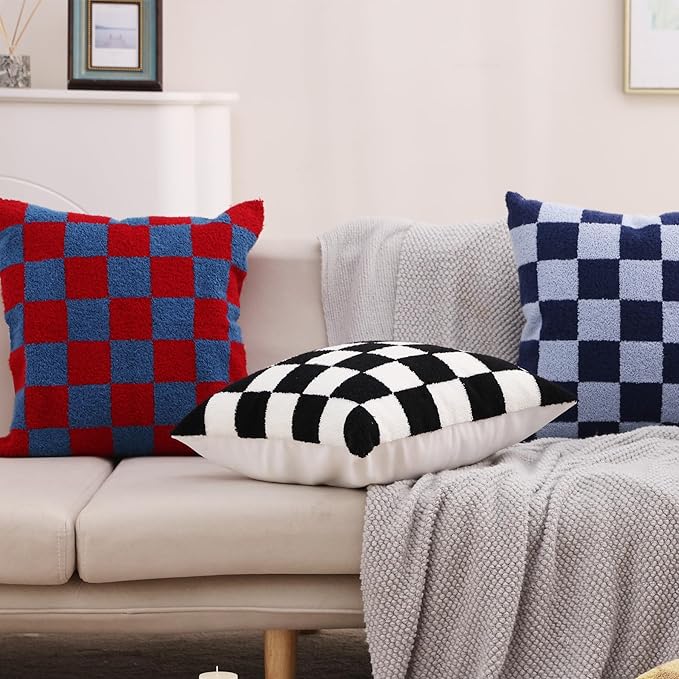 Alysheer Checkered Embroidered Decorative Throw Pillow Covers 18"x 18" Set of 2, Classic Chic Red Blue Plaid Tufted Patterned Cotton Canvas Cushion Case for Sofa Couch Bed Living Room