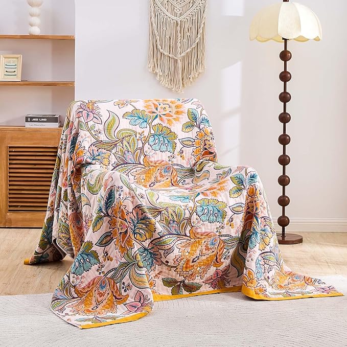 Boho Throw Blanket for Bed, 100% Cotton Soft Rustic Quilt Fall Blanket, 50"x60" Floral Printed Farmhouse Decor Bed Blankets, All Season Rustic Reversible Bohemian Throw Quilt