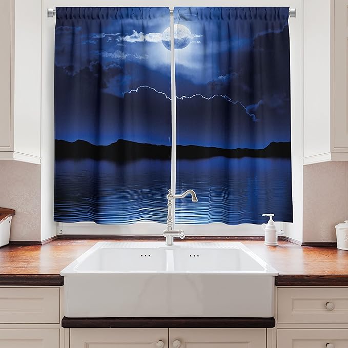 Ambesonne Night Long Kitchen Curtains, Fantasy Moon and Clouds Over Calm Water Seascape Dramatic Cloudy Dark Sky, Two Panels Drapes with Rod Pocket Room Decor, 55" x 45", Navy Blue