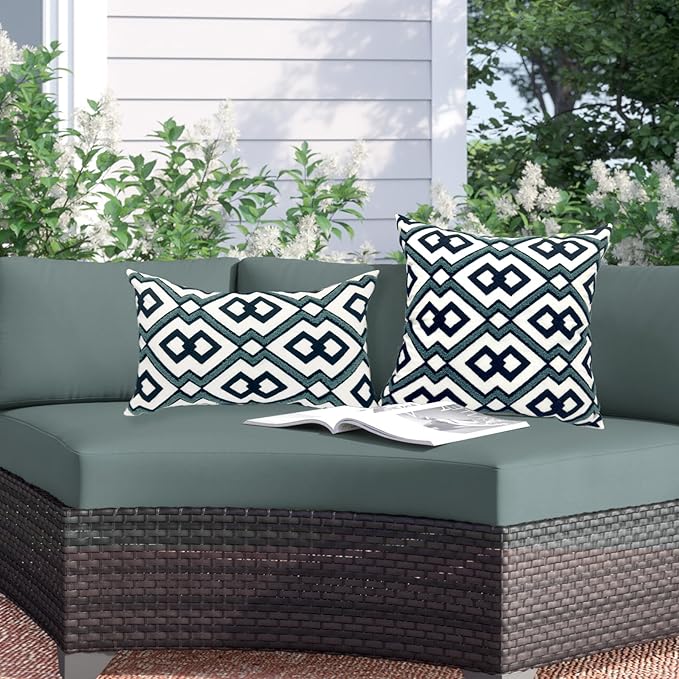 Alysheer Embroidered Lumbar Decorative Throw Pillow Cover 12"x 20", Classic Boho Geometric Embroidery Pattern Cotton Rectangular Cushion Case for Sofa Couch Living Room Bedroom (Navy Aqua)