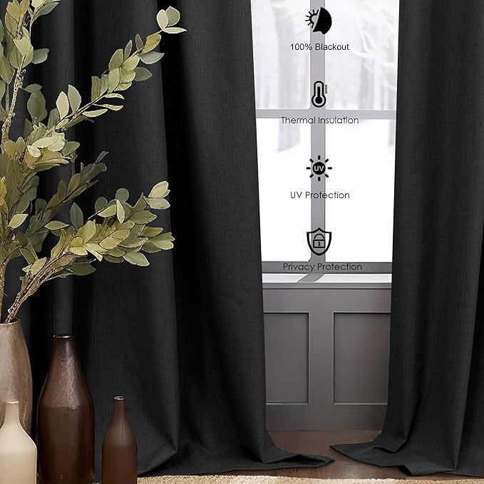 Black Boho Curtains for Bedroom 90 Inches Long Sound Proof Blackout Linen Window Treatment Drapes Double Full Total Light Blocking Floor to Ceiling Curtains for Dining Room 90 Length 2 Panel Back Tab