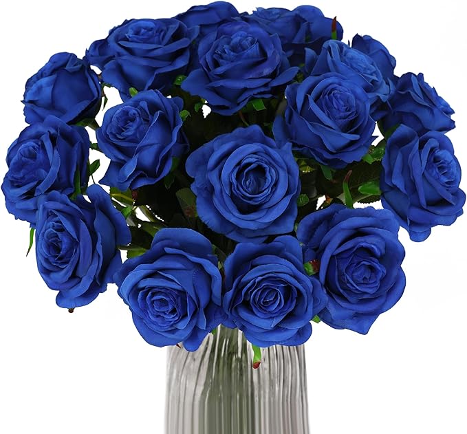 Blue Fake Roses Artificial Flowers - 16 Pcs Fake Artificial Roses Silk Flowers with Stems for Home Wedding Hotel Office Centerpiece Decor