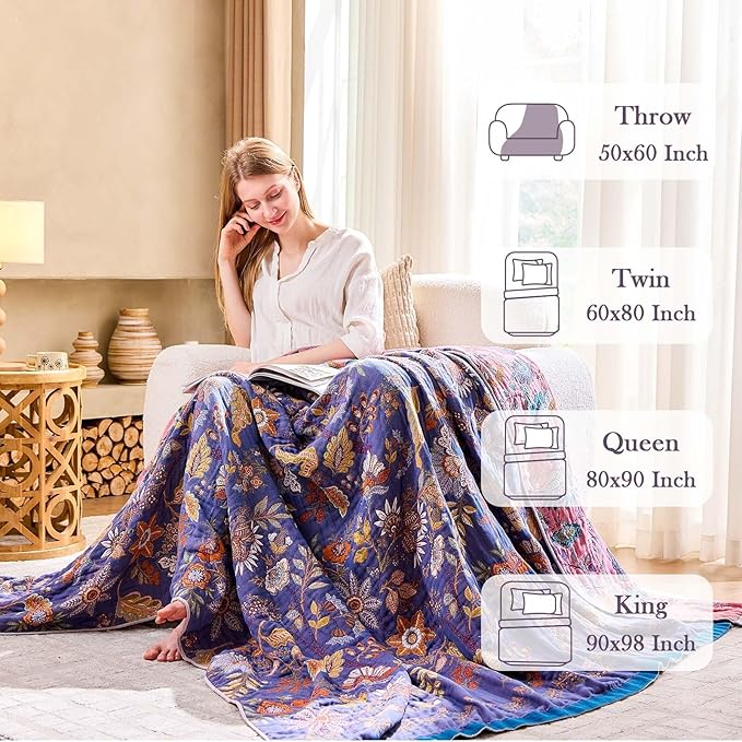 Boho Blanket, 100% Cotton Farmhouse Decorative Throw Blanket, 50"x60" Reversible Bohemian Throw Blanket, Purple All Season Muslin Breathable Woven Blankets Quilt
