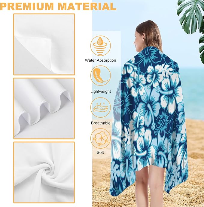 Beach Towel, Blue Hibiscus Floral Beach Towel Oversized Sand Proof Absorbent, Quick-Dry Bath Pool Swim Towel for Shower Spa Vacation, 29.5” X 59”