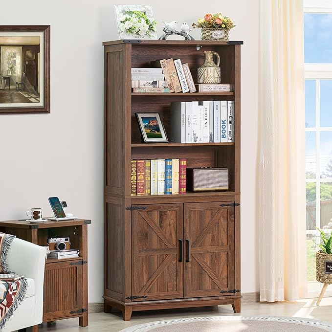 70in Tall Bookshelf 5 Tier Bookcase with Barn Doors and Adjustable Shelves, Brown Farmhouse Book Shelf with Storage Cabinet, Wood Freestanding Display Bookshelves for Bedroom, Kitchen (2PCS)