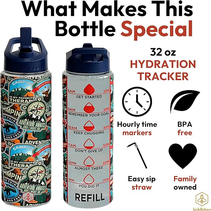 Biddlebee 32oz. Hydration Tracker Water Bottles with Times To Drink | Big Motivational Water Bottle with Time Marker, Straw Lid, & Measurements | BPA-Free