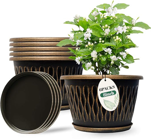 6 Pack 8 Inch Retro Plant Pots, Vintage Striped Flower Pots with Drainage Hole & Saucer, Large Plastic Planters for Indoor and Outdoor Plants, Decorative Garden Pots(Gold)