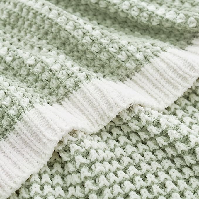 Amélie Home Chenille Waffle Throw Blanket for Couch, Reversible Pineapple Stitch Knit Soft Cozy Knit Blanket Lightweight Warm Decorative Throw for Sofa, Bed, Living Room, 60 * 80", Sage Green&Ivory