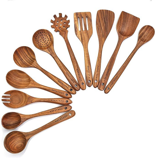 11 Pcs Wooden Kitchen Utensils Set - Wooden Spoons, Spatulas and More for Cooking