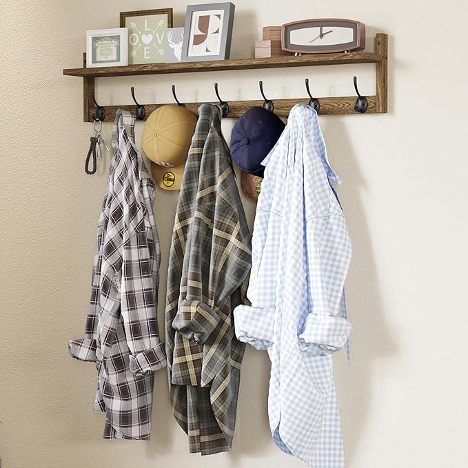 BAMEOS Coat Rack Wall Mount, Large Wooden Coat Hooks with Shelf, 35" L, 7 Dual Metal Hooks for Entryway, Bathroom, Kitchen, Living Room, Bedroom