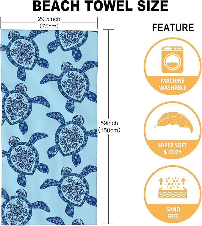 Beach Towel Oversized, Boho Sea Turtles Microfiber Beach Towels, Lightweight, Soft Absorbent, Quick Dry, Sand-Free Beach Blanket, Unique and Ideal Gift for Camping, Pool,Yoga, 29.5” X 59”