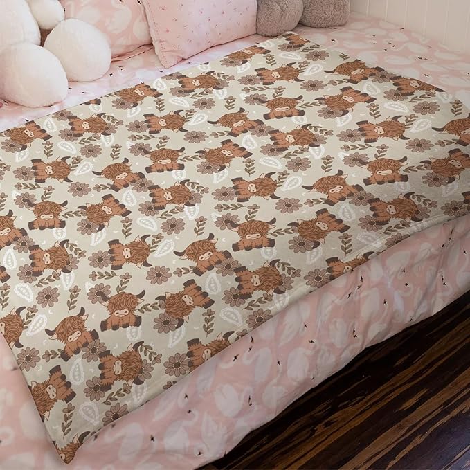 Boho Highland Cow Paisley Floral Baby Blanket Girls Gift, Beige Western Cowgirl Flower Flannel Fleece Nursery Bed Blankets, Soft Lightweight Newborn Infant Toddler Kids Crib Bedding 60 x 80