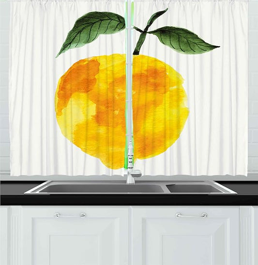 Ambesonne Yellow and Orange Kitchen Curtains, Hand Drawn Lemon Watercolors Summer Organic Food Natural Product, Window Drapes 2 Panel Set for Kitchen Cafe Decor, 55" x 24", Yellow Orange