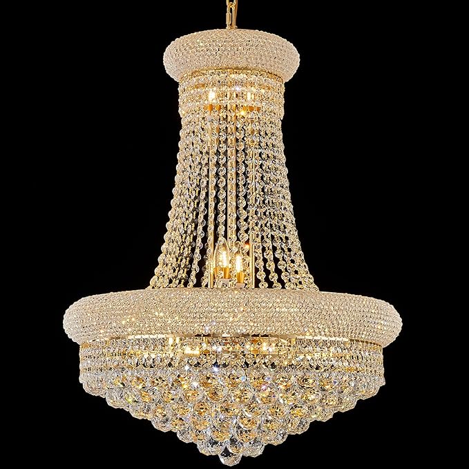 14 - Light Unique Empire Crystal Chandelier with Adjustable Chain for High Ceiling Foyer Entryway Living Room Dining Room Bedroom Gold Finish