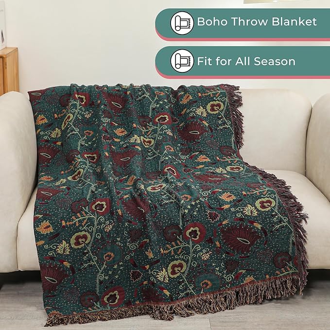 Boho Fall Throw Blanket for Bed，100% Ultra Cotton Soft Breathable Bed Throw Floral Printed Farmhouse Decor Rustic Bed Throws for Couch Sofa Quilt 80" x 90"