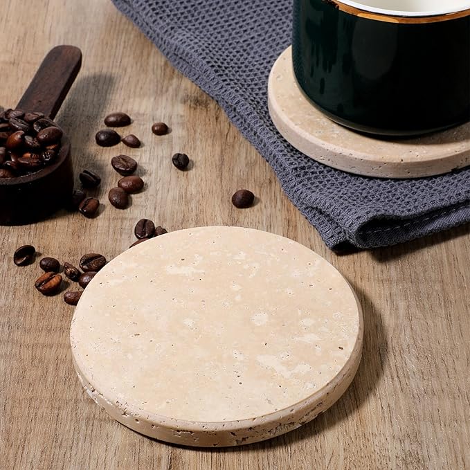Beige Natural Travertine Marble Coasters Set of 4, Round 4 Inch Diameter Drink Marble Coasters for Housewarming Gifts, Anniversaries, Office Decorations Protect Tables from Stains & Scratches