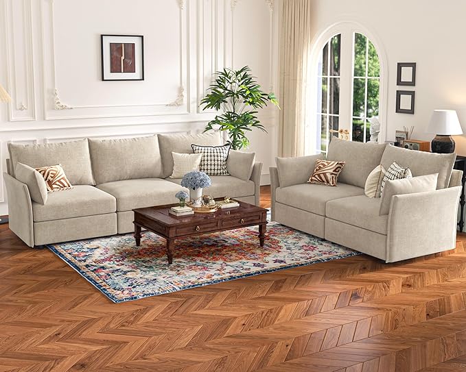 134.6" Modular Sectional Sofa, Oversized 4 Seater Couch with Removable Beige Chenille Fabric Cover, Deep Seat & High Backrest for Living Room, Office & Apartment